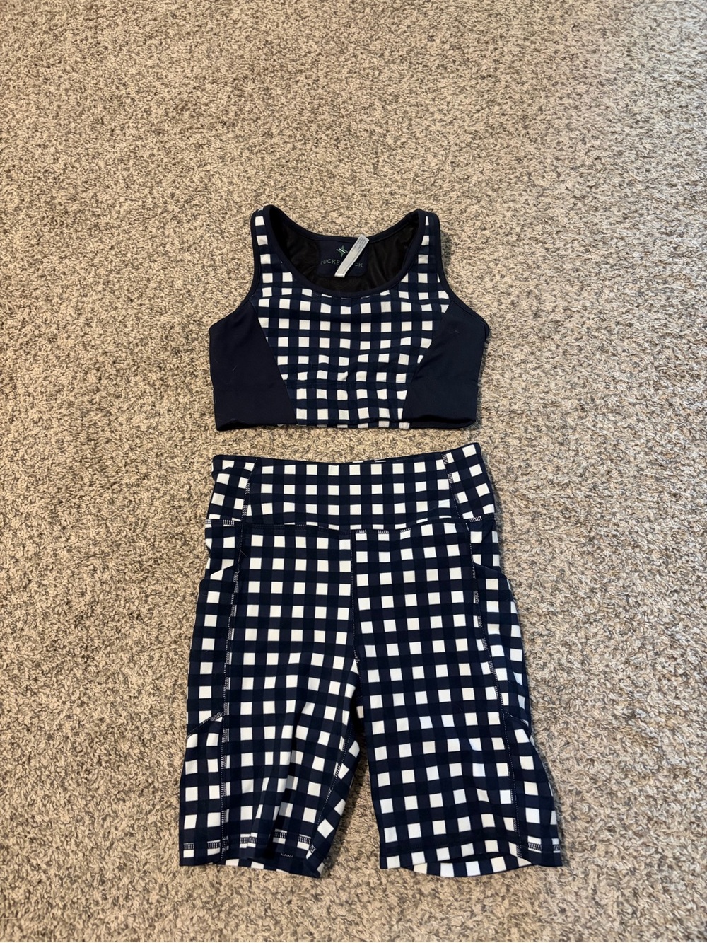 Tuckernuck Navy & White Gingham Sports Bra and Biker Shorts